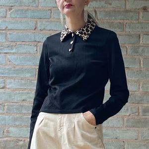 Vintage Polo Shirt 90s Black Leopard Animal Print Fur Collar Boxy Long Sleeve